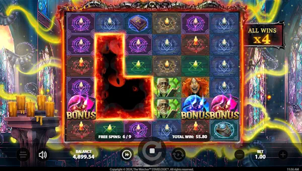 Screenshot of The Watcher slot demo showing reels and bonus game features