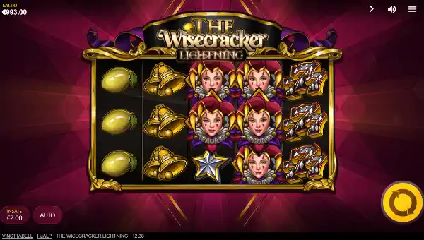 The Wisecracker Lightning base game screenshot showing reels and features