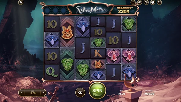 The Wish Master Megaways base game screenshot showing reels and features
