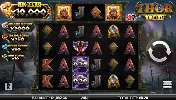 Thor 10K Ways base game screenshot showing reels and features