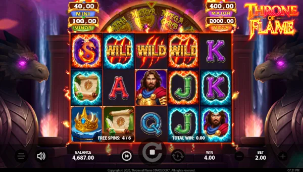Screenshot of Throne of Flame slot demo showing reels and bonus game features