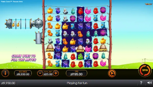 Thunder Birds Power Zones base game screenshot showing reels and features