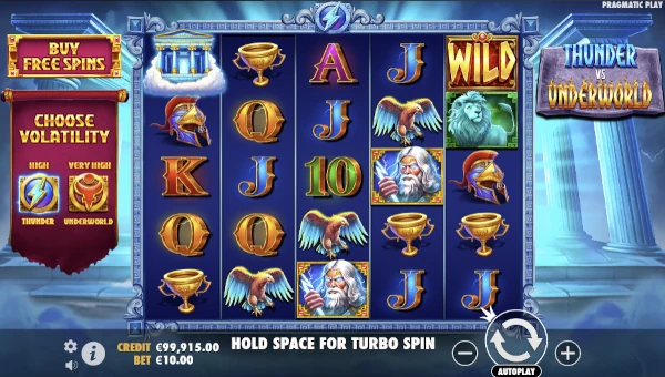 Thunder vs Underworld base game screenshot showing reels and features