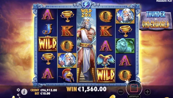 Screenshot of Thunder vs Underworld slot demo showing reels and bonus game features