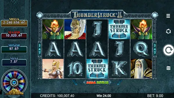 Thunderstruck 2 Mega Moolah base game screenshot showing reels and features