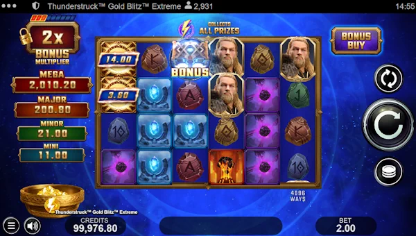 Thunderstruck Gold Blitz Extreme base game screenshot showing reels and features