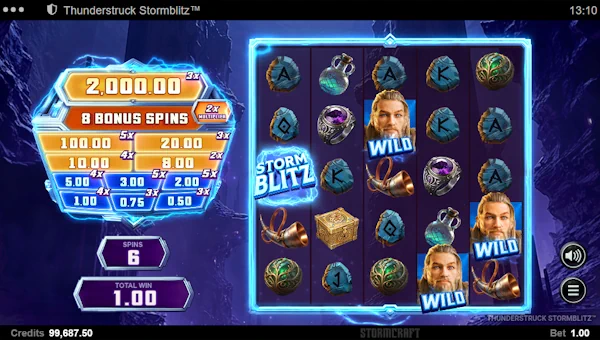 Screenshot of Thunderstruck Stormblitz slot demo showing reels and bonus game features