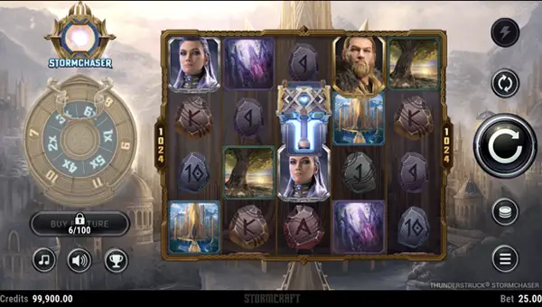 Thunderstruck Stormchaser base game screenshot showing reels and features