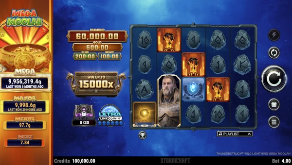 Thunderstruck Wild Lightning Mega Moolah base game screenshot showing reels and features