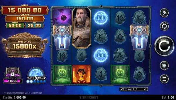Thunderstruck Wild Lightning base game screenshot showing reels and features