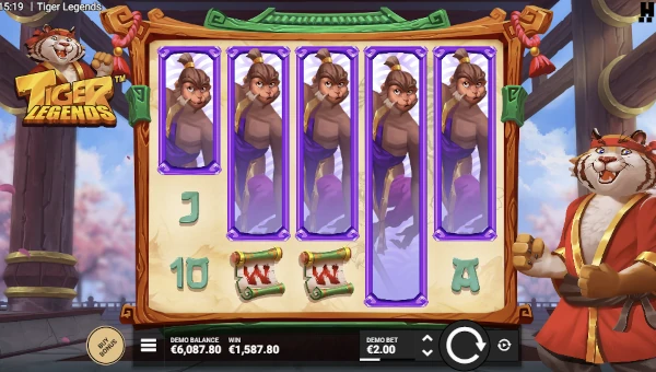 Screenshot of Tiger Legends slot demo showing reels and bonus game features