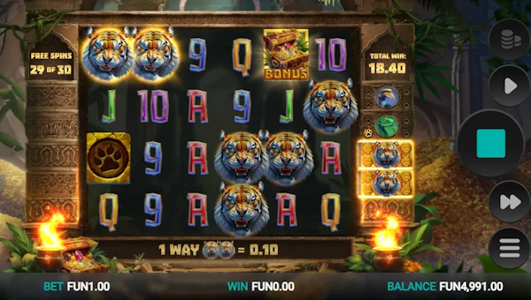 Screenshot of Tiger Shrine slot demo showing reels and bonus game features