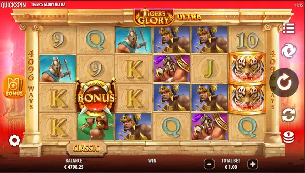 Tigers Glory Ultra base game screenshot showing reels and features