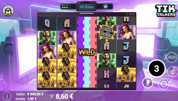 Screenshot of Tik Talkers slot demo showing reels and bonus game features