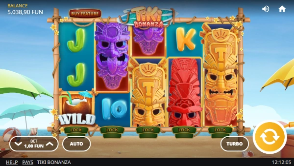 Tiki Bonanza base game screenshot showing reels and features