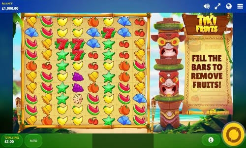 Tiki Fruits base game screenshot showing reels and features