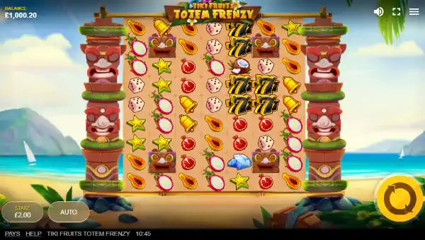 Tiki Fruits Totem Frenzy base game screenshot showing reels and features