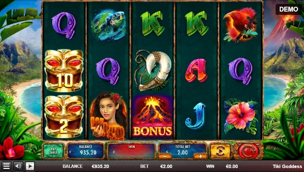 Tiki Goddess base game screenshot showing reels and features