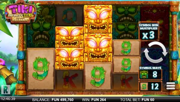 Tiki Infinity Reels Megaways base game screenshot showing reels and features