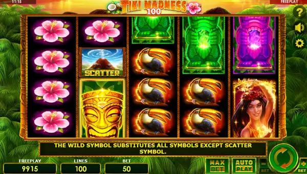 Tiki Madness 100 base game screenshot showing reels and features