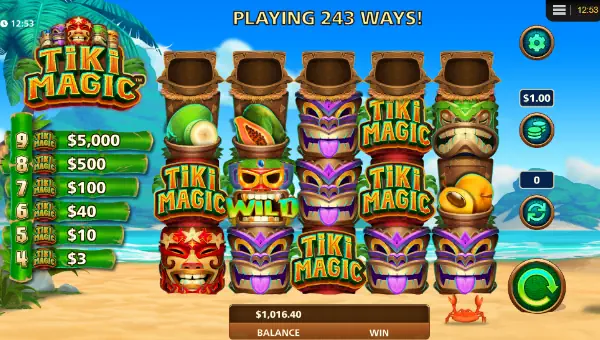 Tiki Magic base game screenshot showing reels and features