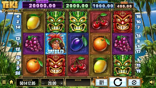 Tiki Princess base game screenshot showing reels and features
