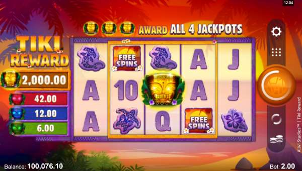Tiki Reward base game screenshot showing reels and features