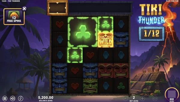 Screenshot of Tiki Thunder slot demo showing reels and bonus game features