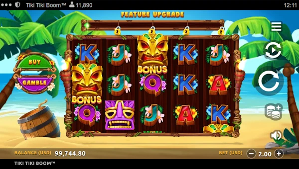 Tiki Tiki Boom base game screenshot showing reels and features