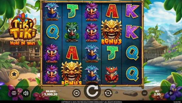 Tiki Tiki Hold N Win base game screenshot showing reels and features