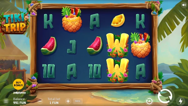 Tiki Trip base game screenshot showing reels and features