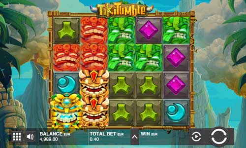 Tiki Tumble base game screenshot showing reels and features