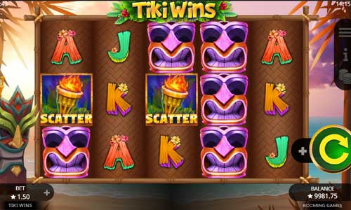 Tiki Wins base game screenshot showing reels and features