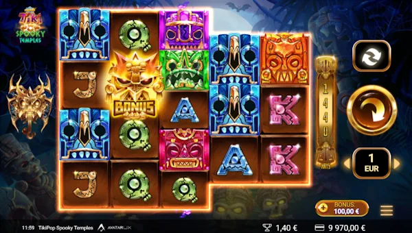 TikiPop Spooky Temples base game screenshot showing reels and features