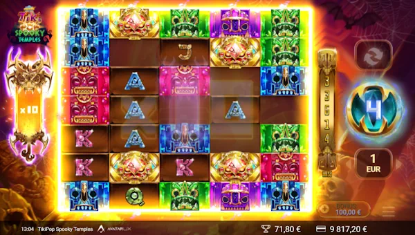 Screenshot of TikiPop Spooky Temples slot demo showing reels and bonus game features