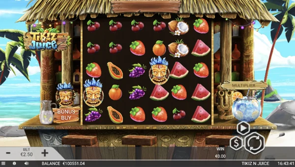 Tikiz N Juice base game screenshot showing reels and features