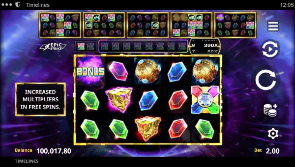 Timelines base game screenshot showing reels and features
