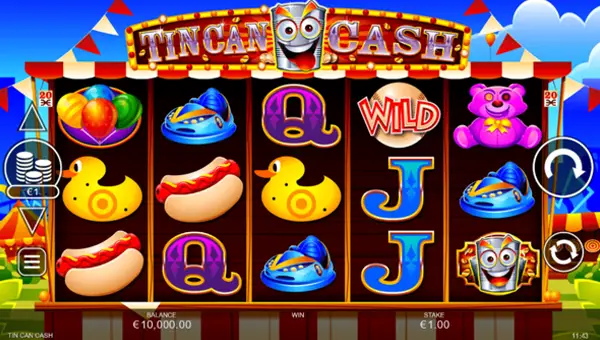 Tin Can Cash base game screenshot showing reels and features