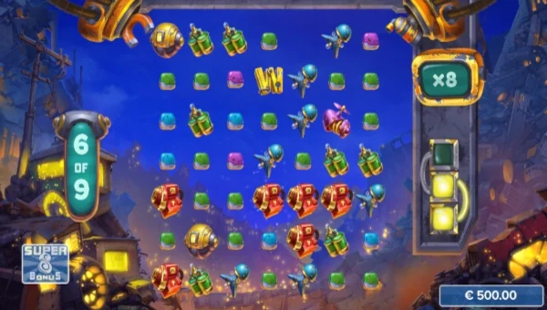 Screenshot of Tinkerbot slot demo showing reels and bonus game features