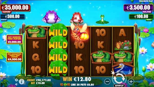 Tiny Toads base game screenshot showing reels and features