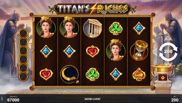 Titans Riches base game screenshot showing reels and features
