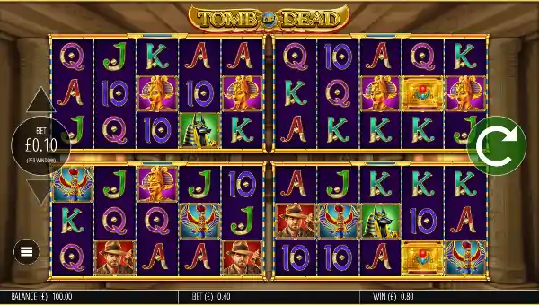 Tomb of Dead Power 4 Slots base game screenshot showing reels and features