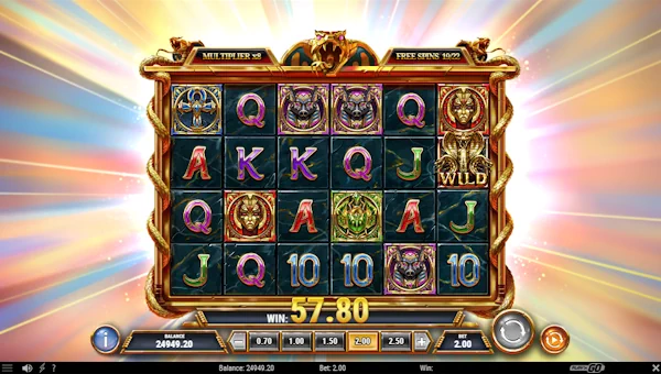 Screenshot of Tomb of Gold 2 slot demo showing reels and bonus game features