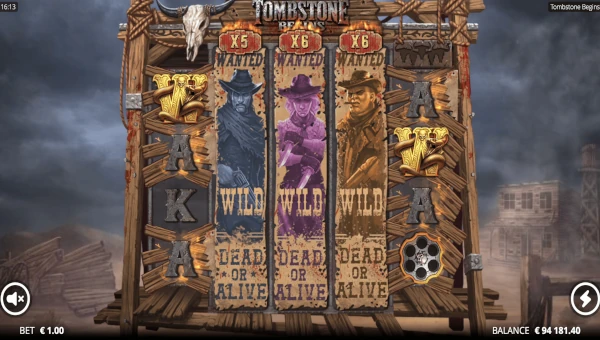 Tombstone Begins base game screenshot showing reels and features