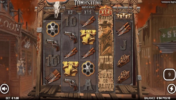 Screenshot of Tombstone Begins slot demo showing reels and bonus game features