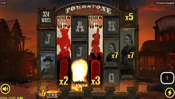 Screenshot of Tombstone Slaughter El Gordos Revenge slot demo showing reels and bonus game features