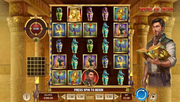 Rich Wilde and the Tome of Dead base game screenshot showing reels and features