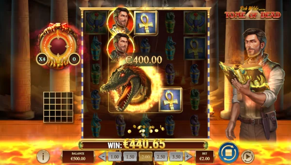 Screenshot of Rich Wilde and the Tome of Dead slot demo showing reels and bonus game features