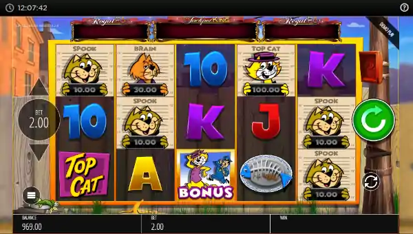 Top Cat Most Wanted Jackpot King base game screenshot showing reels and features