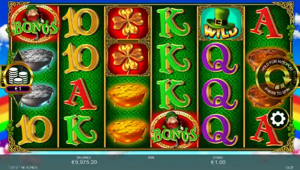 Top O The Bonus base game screenshot showing reels and features